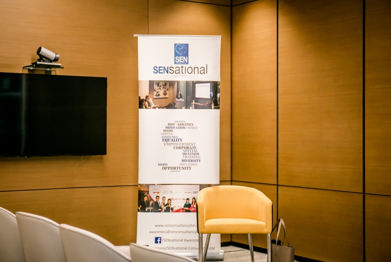 A banner of the then SENsational Consultancy, now SENsational foundation. On the banner words such as equality empowerment and inclusion can be seen making an S.